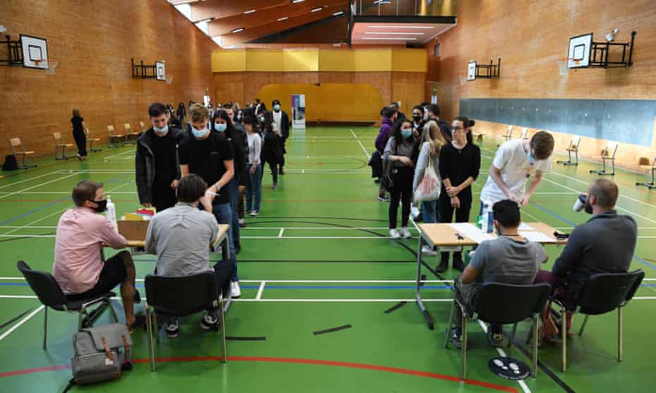 Students waiting to receive A-level exam results last year.