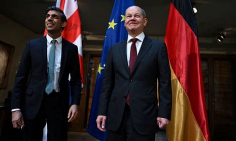 Prime minister Rishi Sunak and German chancellor Olaf Scholz pose ahead of a bilateral meeting.
