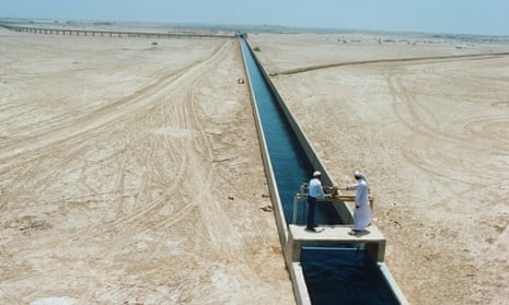 Irrigation canals in Saudi Arabia channel fresh water from deep wells and desalination plants to farms and homes.