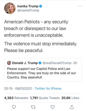 Ivanka Trump tweets about the siege at the capitol in the USA.