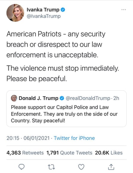 Ivanka Trump tweets about the siege at the capitol in the USA.