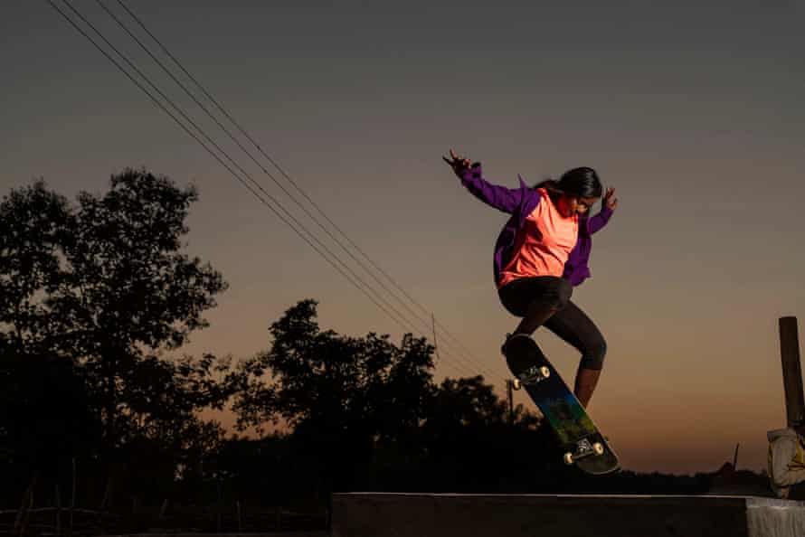 Asha Gond, director of Barefoot Skateboarders, demonstrates her skills