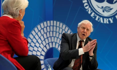 Sir David Attenborough during an interview with the International Monetary Fund’s managing director, Christine Lagarde, at the spring meetings of the World Bank Group and the IMF in Washington.