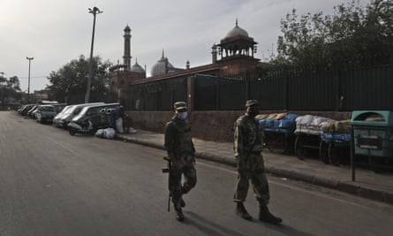 Indian soldiers on patrol in the old quarters of New Delhi during the lockdown.