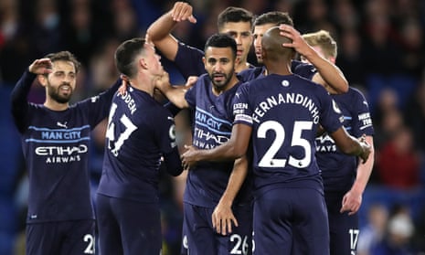 Manchester City’s Riyad Mahrez celebrates scoring their fourth goal.