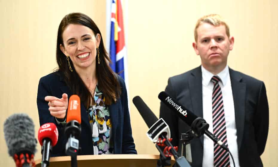 New Zealand prime minister Jacinda Ardern and minister for Covid-19 response Chris Hipkins (R).