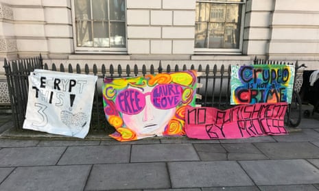 Banners from supporters of the alleged computer hacker Lauri Love outside Westminster magistrates court in London