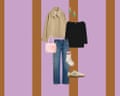 A composite image of a short beige trench coat, green heart drop earrings, a black boat-neck jersey top, blue straight-leg distressed jeans, white sports socks with a red trim, beige trainers, and a pink velvet evening tote bag – all on a lilac and tobacco-brown vertical striped background