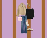A composite image of a short beige trench coat, green heart drop earrings, a black boat-neck jersey top, blue straight-leg distressed jeans, white sports socks with a red trim, beige trainers, and a pink velvet evening tote bag – all on a lilac and tobacco-brown vertical striped background