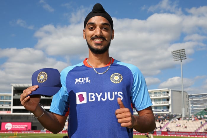 Arshdeep Singh of India poses after his first cap presentation.