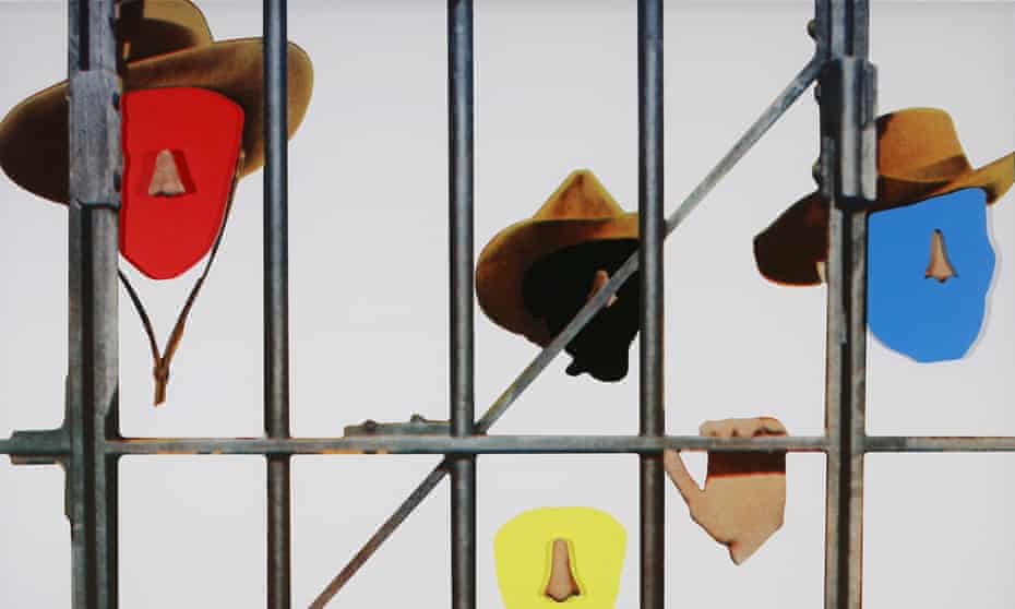 Noses & Ears, Etc (Part Two): Four (Red, Black, Blue, Yellow) Faces, Cowboy Hats, and Prison Bars, 2006, by John Baldessari.