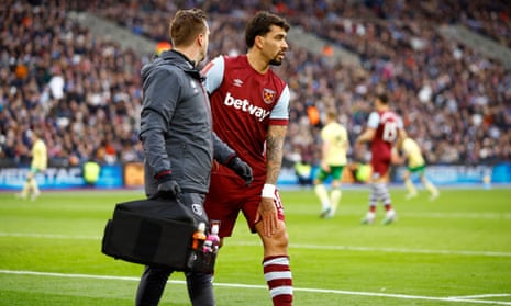 Lucas Paquetá receives medical treatment during West Ham’s 1-1 draw with Bristol City in the third-round of the FA Cup on Sunday