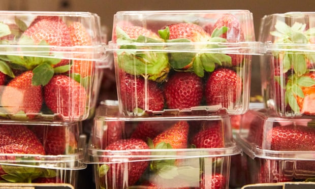 Strawberries in plastic punnets are stacked on top of each other