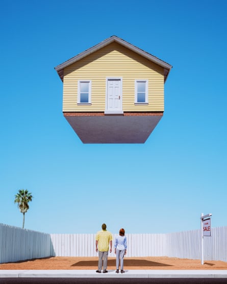 A couple looking up at a house floating above an empty lot, out of their reach.