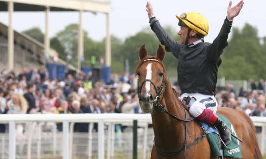 Frankie Dettori aboard Stradivarius celebrates his victory in York