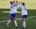 Alessa Russo celebrates with teammate Lucy Bronze after scoring the only goal of the game in England's 1-0 World Cup qualifying win over Iceland in Reykjavík.