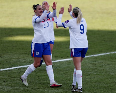 Alessa Russo celebrates with teammate Lucy Bronze after scoring the only goal of the game in England's 1-0 World Cup qualifying win over Iceland in Reykjavík.