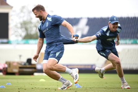Harry Brook tugs Ben Duckett’s shirt during training