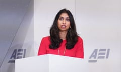 British home secretary Suella Braverman delivers a speech on global migration at the American Enterprise Institute in Washington DC.