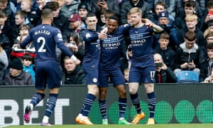 City’s Kevin De Bruyne celebrates scoring their first goal with Raheem Sterling, Phil Foden and Kyle Walker.