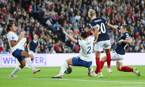 Kirsty Hanson of Scotland scores their sides first goal to make it 2-1 on the stroke of half-time.