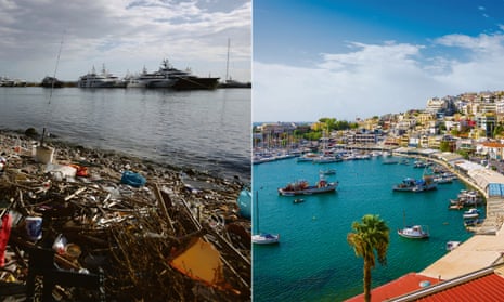 Two dies of a city: the plastic-strewn beach of Neo Faliro near Piraeus and one of the city’s yacht marinas.