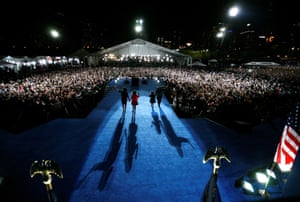 US President-elect Senator Barack Obama arrives to speak to supporters with his wife Michelle and their children Malia and Sasha during his election night rally after being declared the winner of the 2008 Presidential Campaign in Chicago, 4 November, 2008
