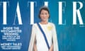 cover of Tatler magazine featuring painted portrait of the princess: she is depicted wearing a long white dress with a cape, a blue sash, gold brooch and a tiara, against a blue-green background