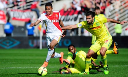 Kylian Mbappé on the attack for Monaco against Nantes in a Ligue 1 game in 2016.