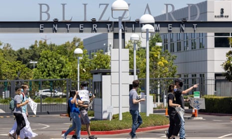 Activision Blizzard employees protest to denounce the company’s response to a housing lawsuit and to call for changes in conditions for women and other marginalized groups, in Irvine, California, on 28 July 2021.