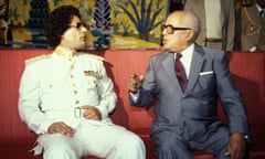 Muammar Gaddafi with Tunisian president Habib Bourguiba in 1983.