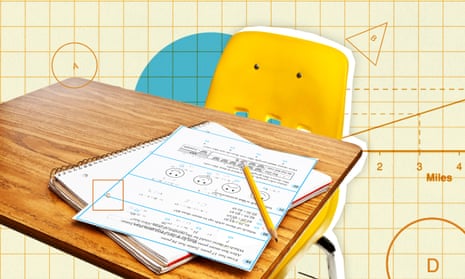 Composite for NAPLAN quiz article. The image shows a single yellow school chair and desk, with a sample naplan test page.