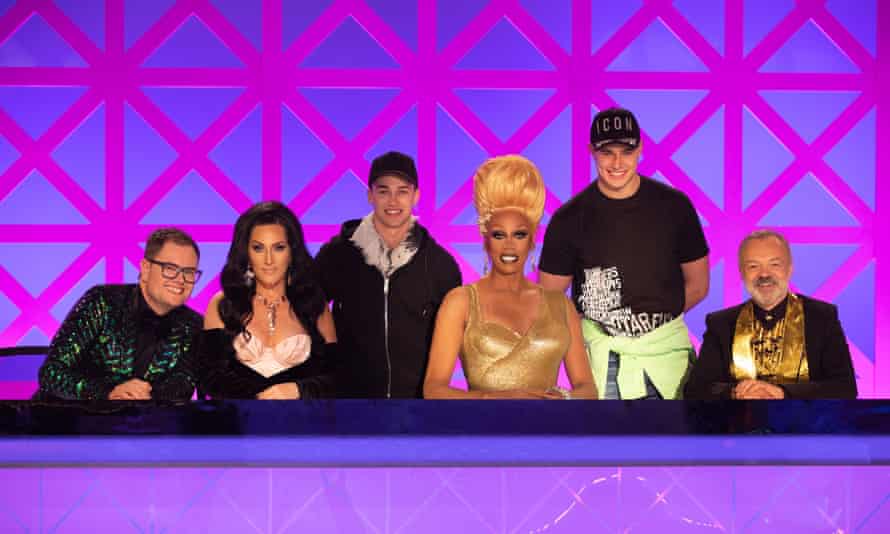 Norton with Alan Carr, Michelle Visage, AJ Pritchard, RuPaul and Curtis Pritchard on Drag Race UK.