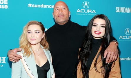 With Florence Pugh and Dwayne Johnson, stars of Fighting With My Family in 2019.