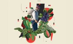 A collage of vegetables, fruits and a worker with a mask spraying them.