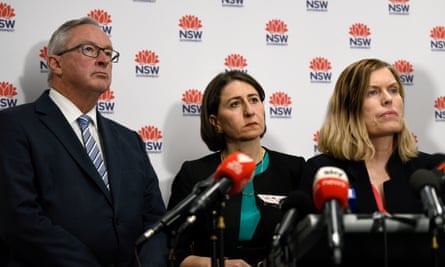 (L-R) NSW minister for health Brad Hazzard, premier of NSW Gladys Berejiklian and NSW chief health officer Dr Kerry Chant.
