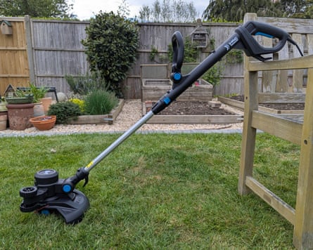 Andy Shaw testing the Mac Allister corded grass trimmer