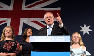Scott Morrison, flanked by his wife Jenny and daughters Lily and Abbey, delivers his victory speech after the 2019 Australian election on 18 May