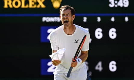Andy Murray celebrates winning a point during his defeat by Stefanos Tsitsipas