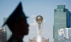 The Byterek tower is viewed from outside the Presidential Palace in Astana, Kazakhstan. The capital has been renamed several times since it was founded in 1830.