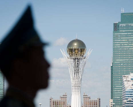 The Byterek tower is viewed from outside the Presidential Palace in Astana, Kazakhstan. The capital has been renamed several times since it was founded in 1830.
