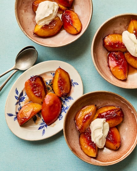 Chris Shaw’s amaretto roast peaches with mascarpone. In bowls.