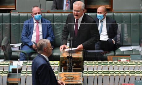 Prime Minister Scott Morrison and Leader of the Opposition Anthony Albanese during Question Time in the House of Representatives at Parliament House in Canberra, Thursday, February 10, 2022. (AAP Image/Mick Tsikas) NO ARCHIVING