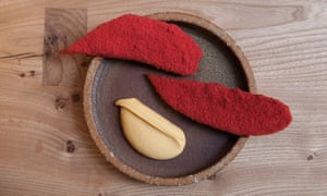 Plantain with raspberry dust and scotch bonnet dip.