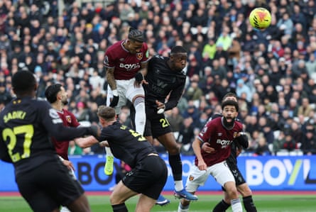 Crysencio Summerville rises highest to score West Ham’s first goal
