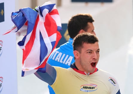 Matt Weston celebrates winning the skeleton world championships in January.