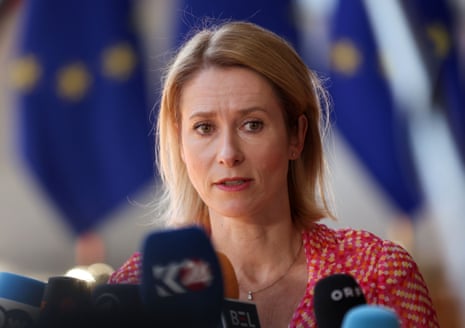 Kaja Kallas speaks to the press during a European foreign affairs and defence ministers council in Brussels on 20 May 2025.