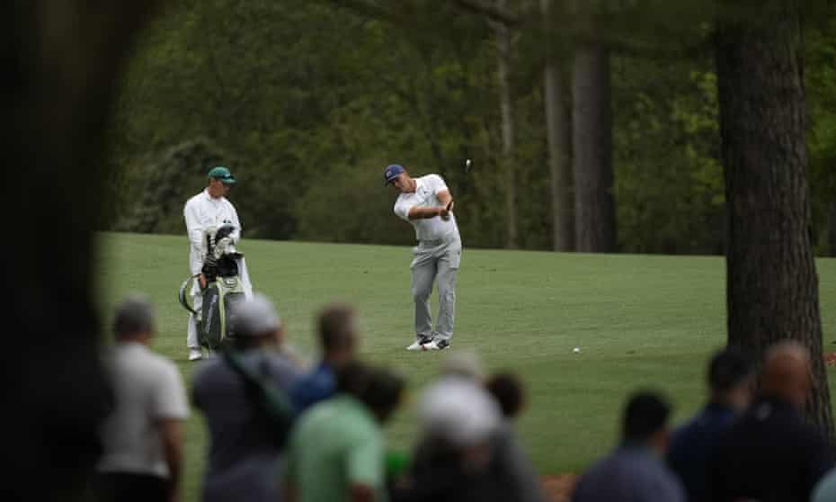 Bryson DeChambeau hits from the fairway on the much-changed 11th hole at Augusta.