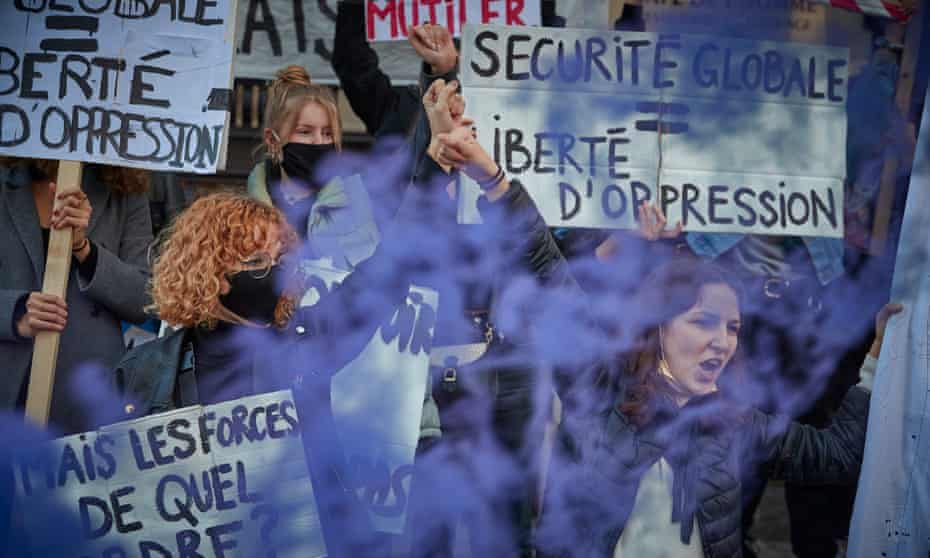 Protestors demonstrate against the French government’s newly passed Global Security law bill at Place du Trocadéro on 21 November 2020 in Paris, France.