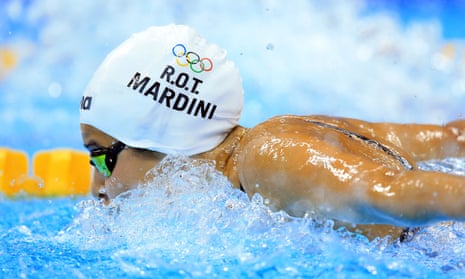 Yusra Mardini competes in the Women’s 100m Butterfly Heats on the first day of the Rio Games at the Olympic Aquatics Stadium on 6 August in Brazil.